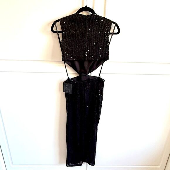 NWT Ieena for Mac Duggal NEW Sleeveless Black Sequin Midi Cutout Dress, style nu - Picture 5 of 11